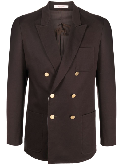 Shop Valentino Cotton Double-breasted Blazer Jacket In Brown