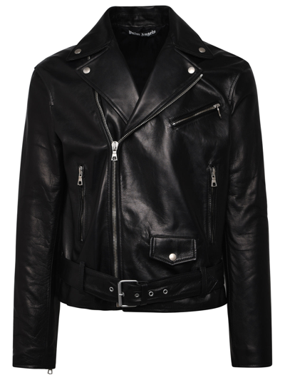 Shop Palm Angels Black Leather Jacket Man