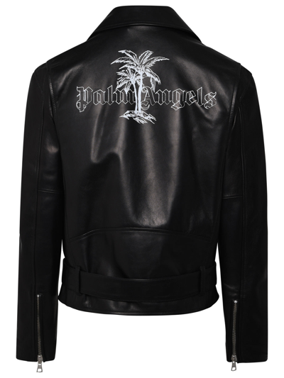 Shop Palm Angels Black Leather Jacket Man