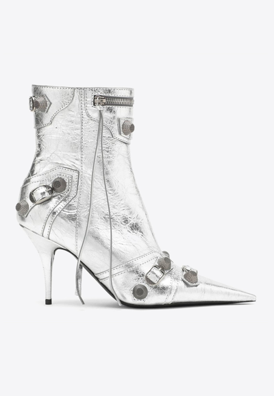 Shop Balenciaga Cagole 90 Metallic Ankle Boots In Silver