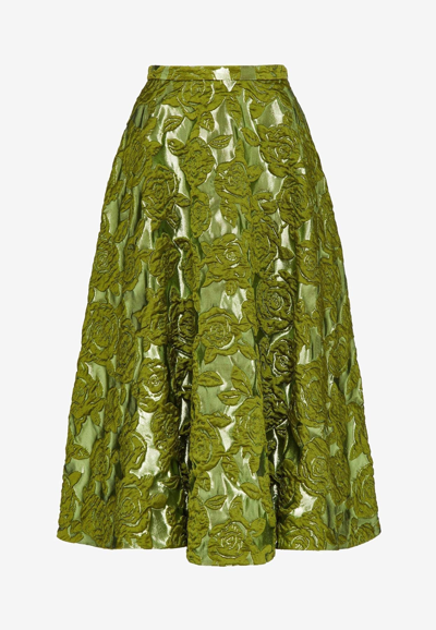 Shop Valentino Floral Brocade Midi Skirt In Green