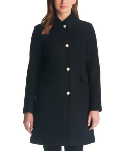 Shop Kate Spade Women's Single-breasted Imitation Pearl-button Wool Blend Coat In Black