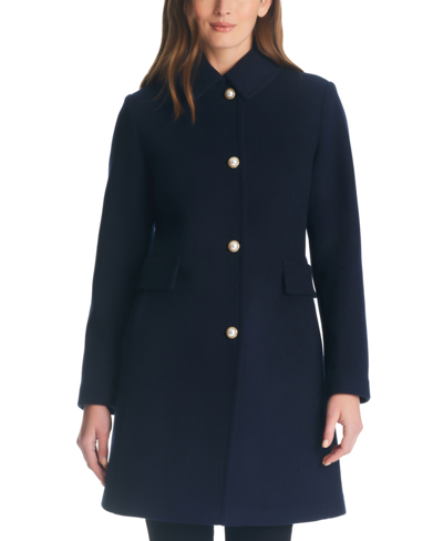 Shop Kate Spade Women's Single-breasted Imitation Pearl-button Wool Blend Coat In Midnight Navy