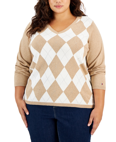 Shop Tommy Hilfiger Plus Size Argyle Ivy Cotton Sweater In Fawn Heather Multi