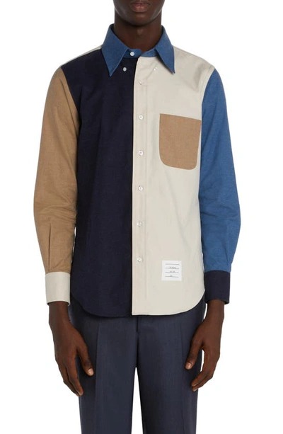Shop Thom Browne Colorblock Straight Fit Cotton Button-down Shirt In Off White