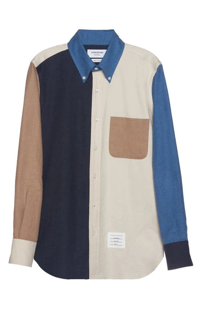 Shop Thom Browne Colorblock Straight Fit Cotton Button-down Shirt In Off White