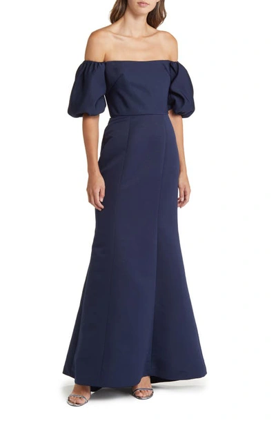 Shop Amsale Fai Off The Shoulder Puff Sleeve Mermaid Gown In Navy