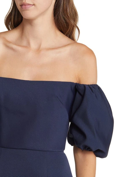 Shop Amsale Fai Off The Shoulder Puff Sleeve Mermaid Gown In Navy