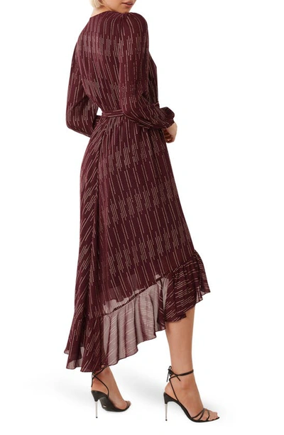 Shop Ever New Print Ruffle Tie Waist High-low Maxi Dress In Berry Lurex