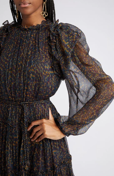Shop Ulla Johnson Gaelle Metallic Stripe Abstract Print Long Sleeve Silk Dress In Peridot
