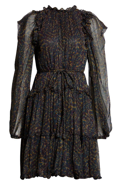 Shop Ulla Johnson Gaelle Metallic Stripe Abstract Print Long Sleeve Silk Dress In Peridot