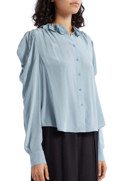 Shop Ulla Johnson Dara Ruffle Neck Silk Button-up Blouse In Agave