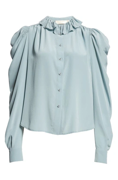 Shop Ulla Johnson Dara Ruffle Neck Silk Button-up Blouse In Agave