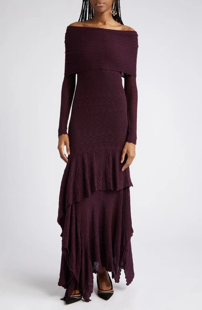 Shop Ulla Johnson Ambrosia Off-the-shoulder Wool Pointelle Sweater Dress In Mahogany