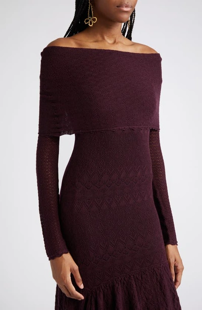 Shop Ulla Johnson Ambrosia Off-the-shoulder Wool Pointelle Sweater Dress In Mahogany