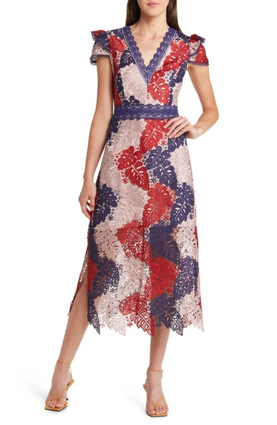 Shop Adelyn Rae Adeline Palm Lace Midi Dress In Navy/ Wine/ Blush