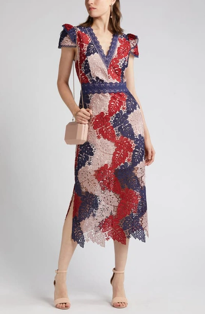 Shop Adelyn Rae Adeline Palm Lace Midi Dress In Navy/ Wine/ Blush
