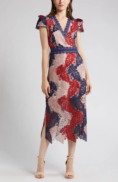 Shop Adelyn Rae Adeline Palm Lace Midi Dress In Navy/ Wine/ Blush