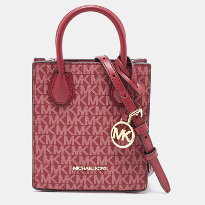 Pre-owned Michael Kors Burgundy Signature Coated Canvas And Leather Xs Mercer Tote