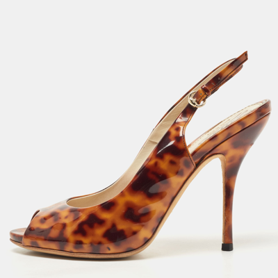 Pre-owned Gucci Two-tone Animal Print Patent Leather Peep Toe Slingback Pumps Size 37.5 In Brown