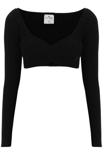 Shop Courrèges Courreges Ribbed Cropped Sweater In Black
