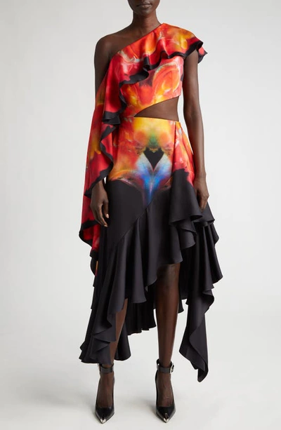 Shop Alexander Mcqueen Orchid Print Asymmetric Ruffle Silkone-shoulder Dress In 1000 Black