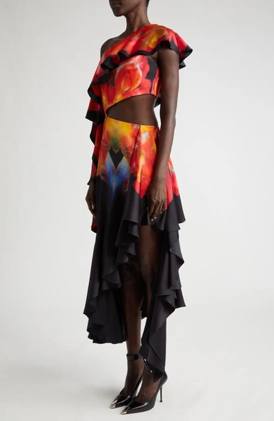 Shop Alexander Mcqueen Orchid Print Asymmetric Ruffle Silkone-shoulder Dress In 1000 Black