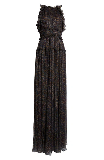Shop Ulla Johnson Libra Metallic Stripe Abstract Print Silk Gown In Peridot