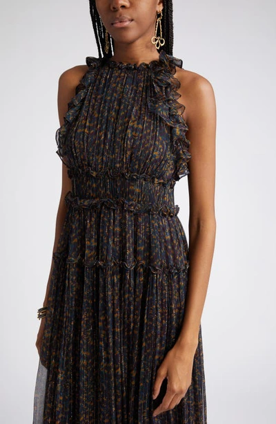 Shop Ulla Johnson Libra Metallic Stripe Abstract Print Silk Gown In Peridot