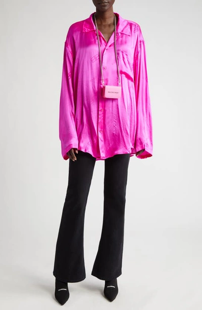 Shop Balenciaga Minimal Logo Jacquard Silk Button-up Shirt In Lipstick Pink
