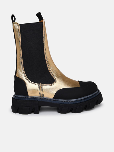 Shop Ganni Gold Leather Ankle Boots