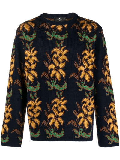 Shop Etro Wool Sweater With Floral Inlay In Multicolour
