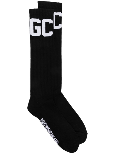 Shop Gcds Ribbed Socks With Jacquard Logo In Black