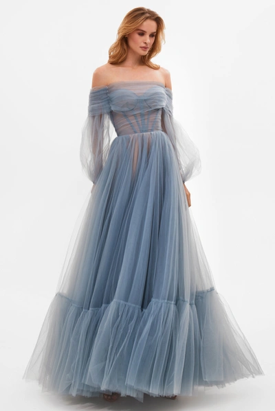 Milla Ocean Wave Sheer Sleeves Maxi Tulle Dress In Ocean Wave