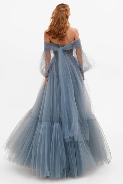 Milla Ocean Wave Sheer Sleeves Maxi Tulle Dress In Ocean Wave