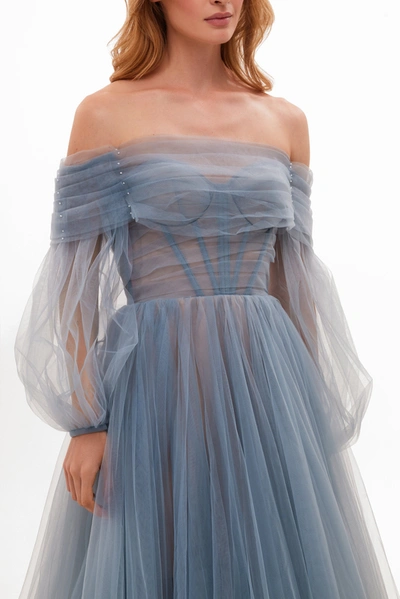 Milla Ocean Wave Sheer Sleeves Maxi Tulle Dress In Ocean Wave