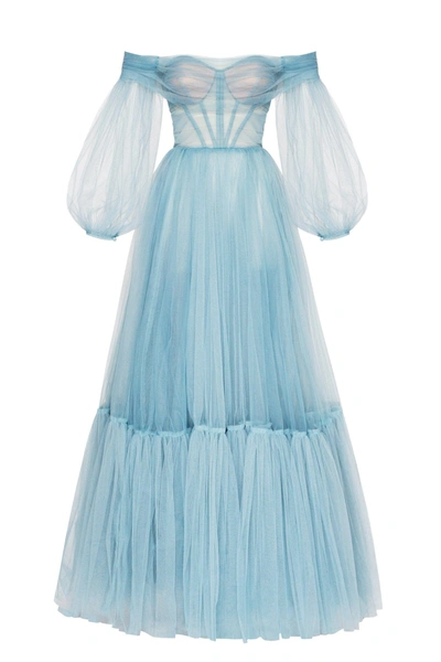 Milla Ocean Wave Sheer Sleeves Maxi Tulle Dress In Ocean Wave