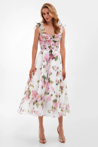 Milla Tender Floral Midi Tie-strap Dress In White