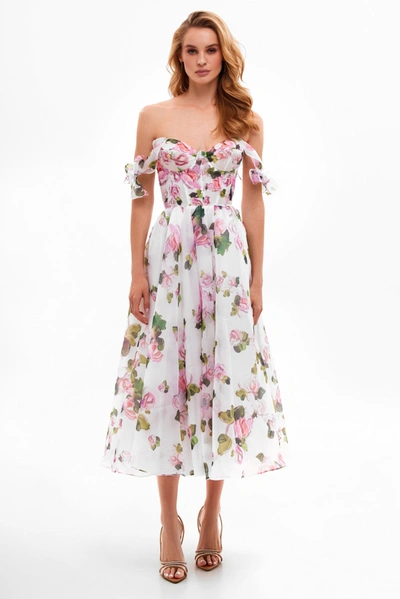 Milla Tender Floral Midi Tie-strap Dress In White