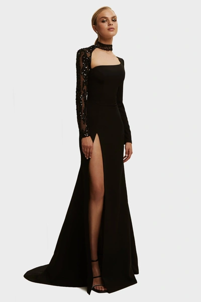 Milla Trumpet Gown With Detachable Sleeve In Black