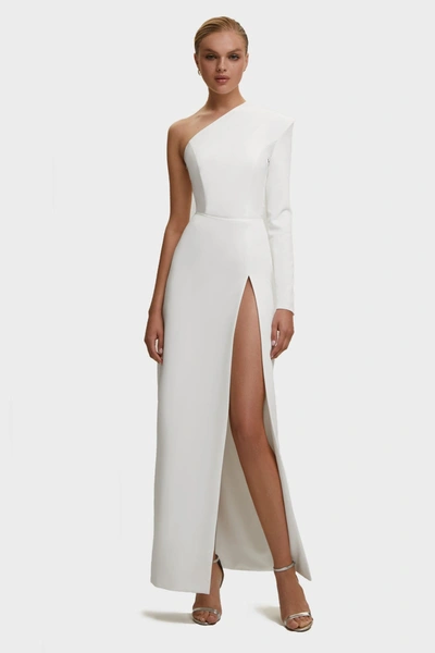 Shop Milla White Long-sleeved Dress With Sharp Shoulder Cut