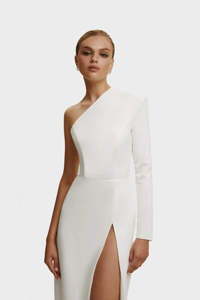 Shop Milla White Long-sleeved Dress With Sharp Shoulder Cut