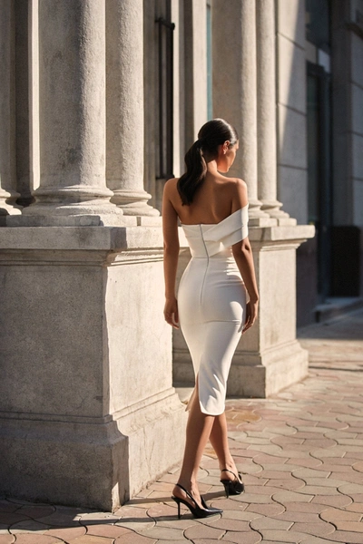 Shop Milla White Classy Midi Dress With Open Neckline