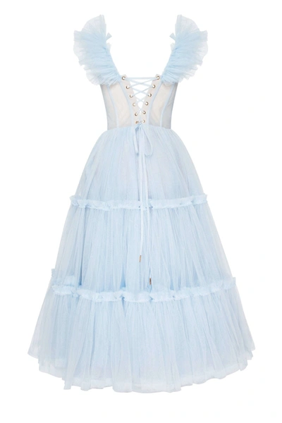 Milla Light Blue Ruffled Tulle Midi Dress In Light Blue