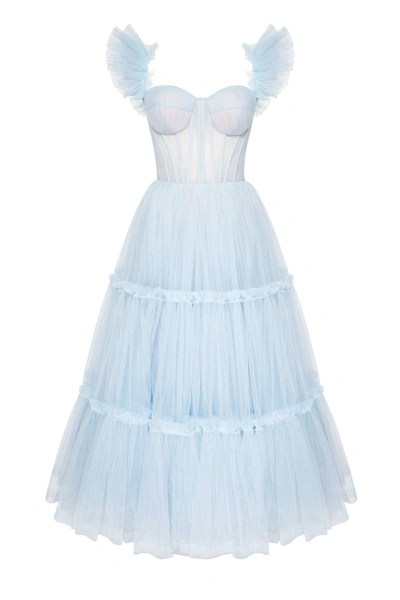 Milla Light Blue Ruffled Tulle Midi Dress In Light Blue