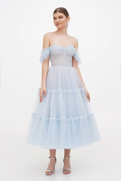Milla Light Blue Ruffled Tulle Midi Dress In Light Blue