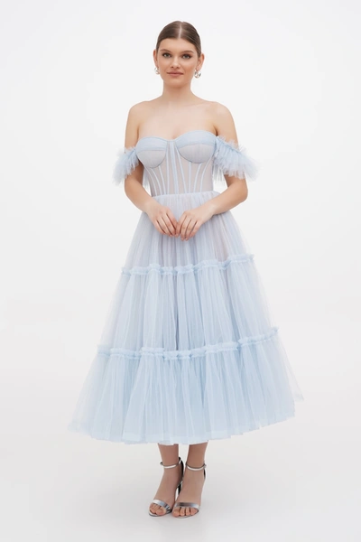 Milla Light Blue Ruffled Tulle Midi Dress In Light Blue