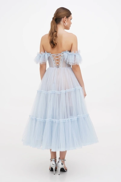 Milla Light Blue Ruffled Tulle Midi Dress In Light Blue