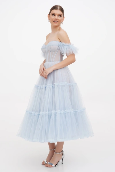 Milla Light Blue Ruffled Tulle Midi Dress In Light Blue