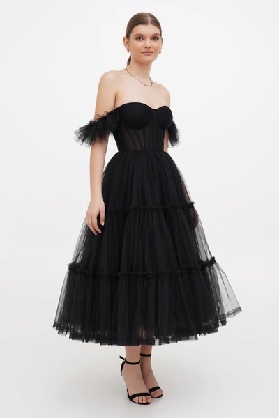 Shop Milla Black Ruffled Tulle Midi Dress